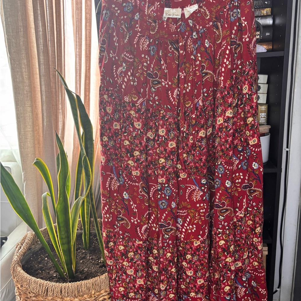 90s Floral Red Maxi Skirt
